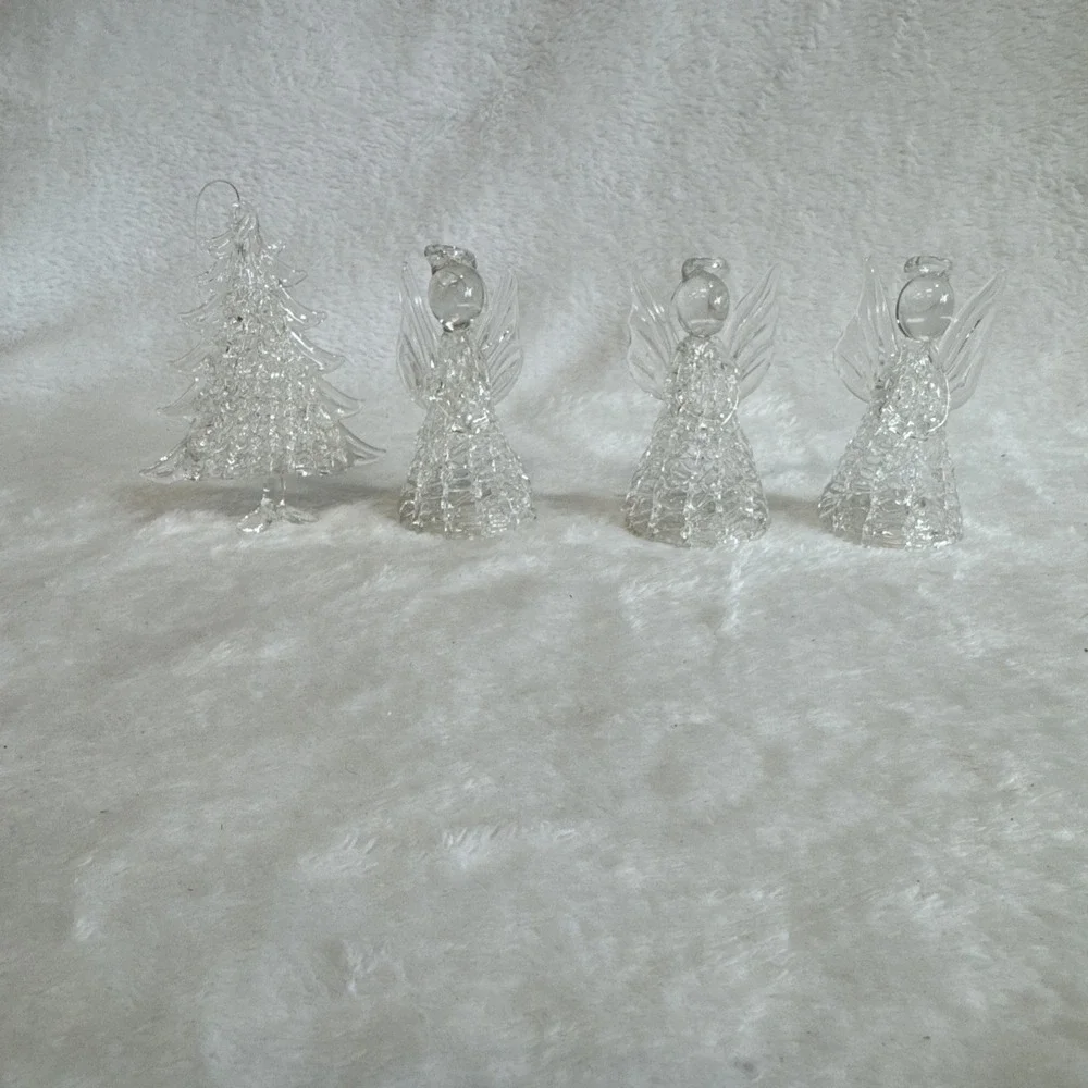 Vintage Spun Glass Angel (3) Christmas Tree (1)‎ Ornaments Lot Of 4 Clear Glass